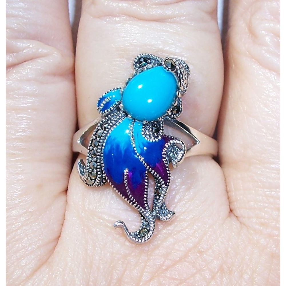 925 STERLING SILVER Simulated Turquoise Fish Ghost Marcasite Ring - Picture 11 of 16